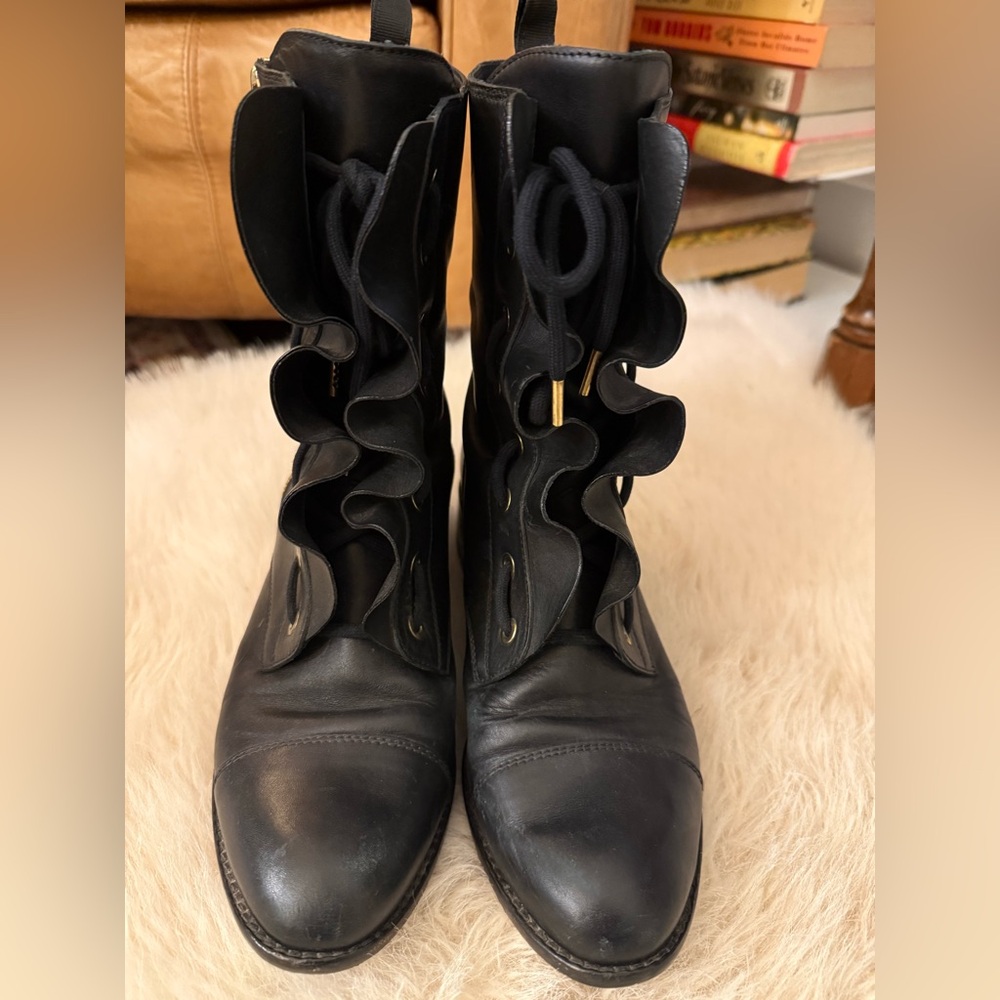 Valentino Black Ruffled Leather LaceUp Biker Combat Boots Gold Hardware US10/I40 - Picture 9 of 16